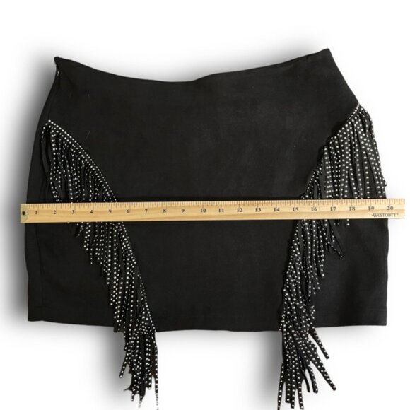 Black Faux Suede Western Mini Skirt Metallic Beaded Fringe Cowgirl Rocker Sz L - Picture 6 of 12